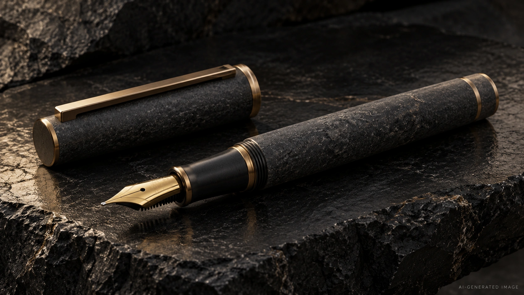 Ilustração gerada por IA: caneta-tinteiro em carvão com textura mineral fosca e detalhes em bronze.