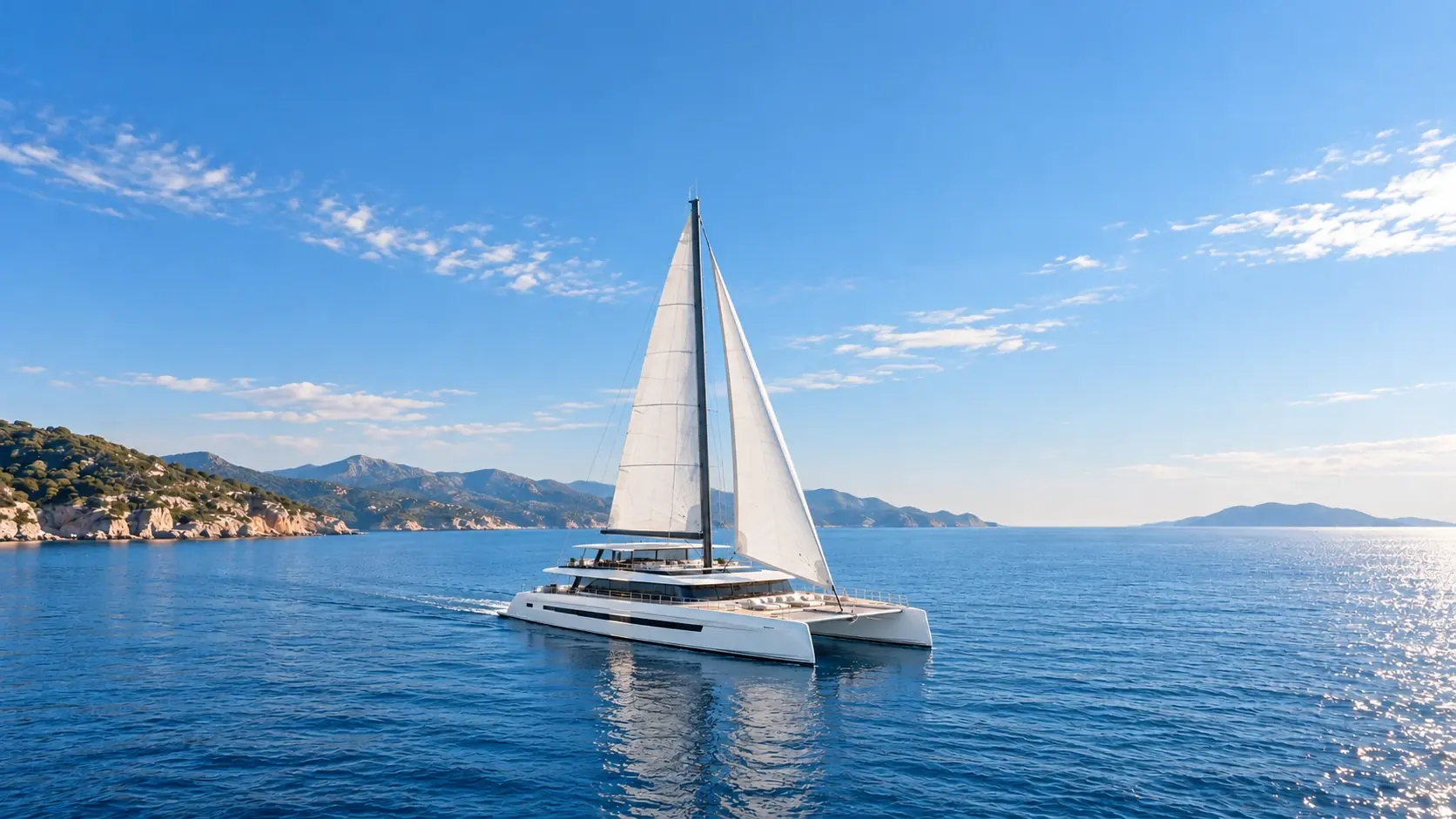 KI-generierte Konzeptillustration des Eco-Segel-Superkatamarans Sunreef 43M