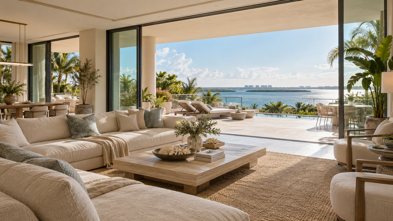 Illustration générée par IA : Salon et terrasse d’un appartement côtier inspirés de Fisher Island