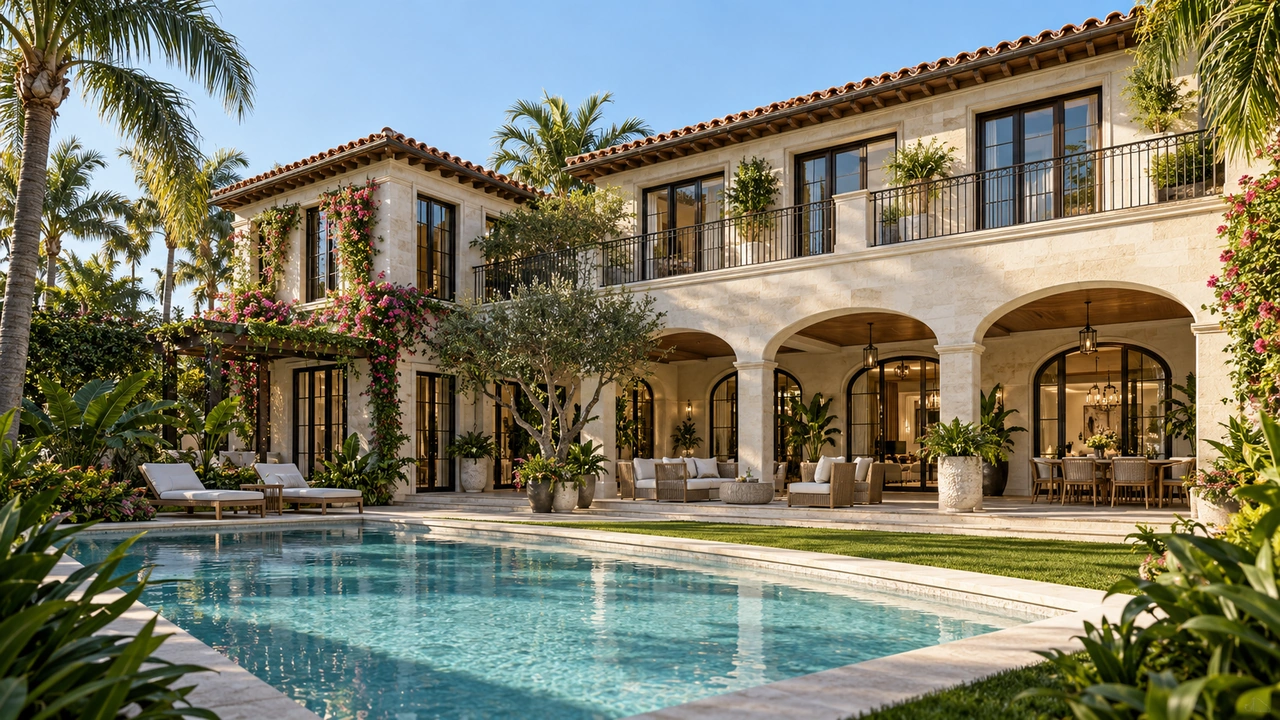 Illustration générée par IA : Maison insulaire indépendante avec jardin et piscine inspirée de Fisher Island
