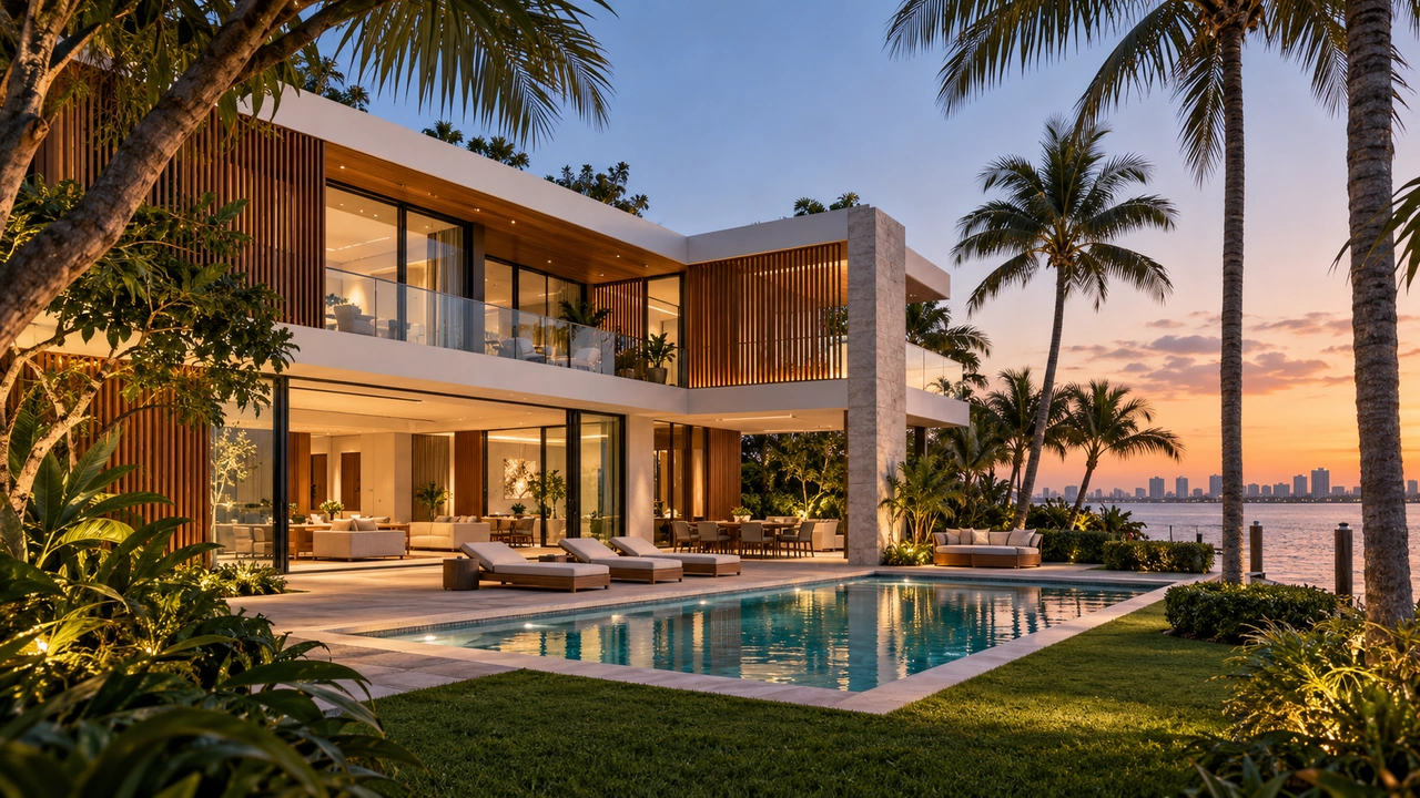 Illustration générée par IA : Maison moderne avec écrans en bois et piscine inspirée de Sunset Islands