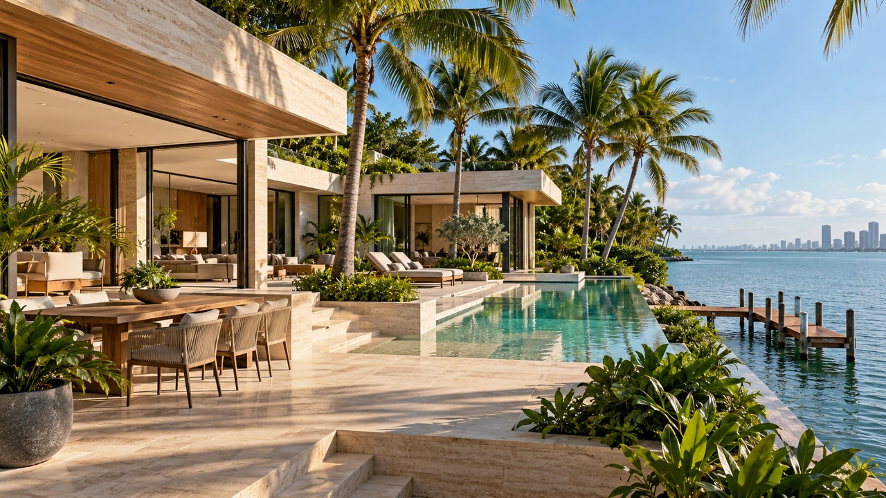 Illustration générée par IA : Villa riveraine en pierre et verre inspirée de Palm Island