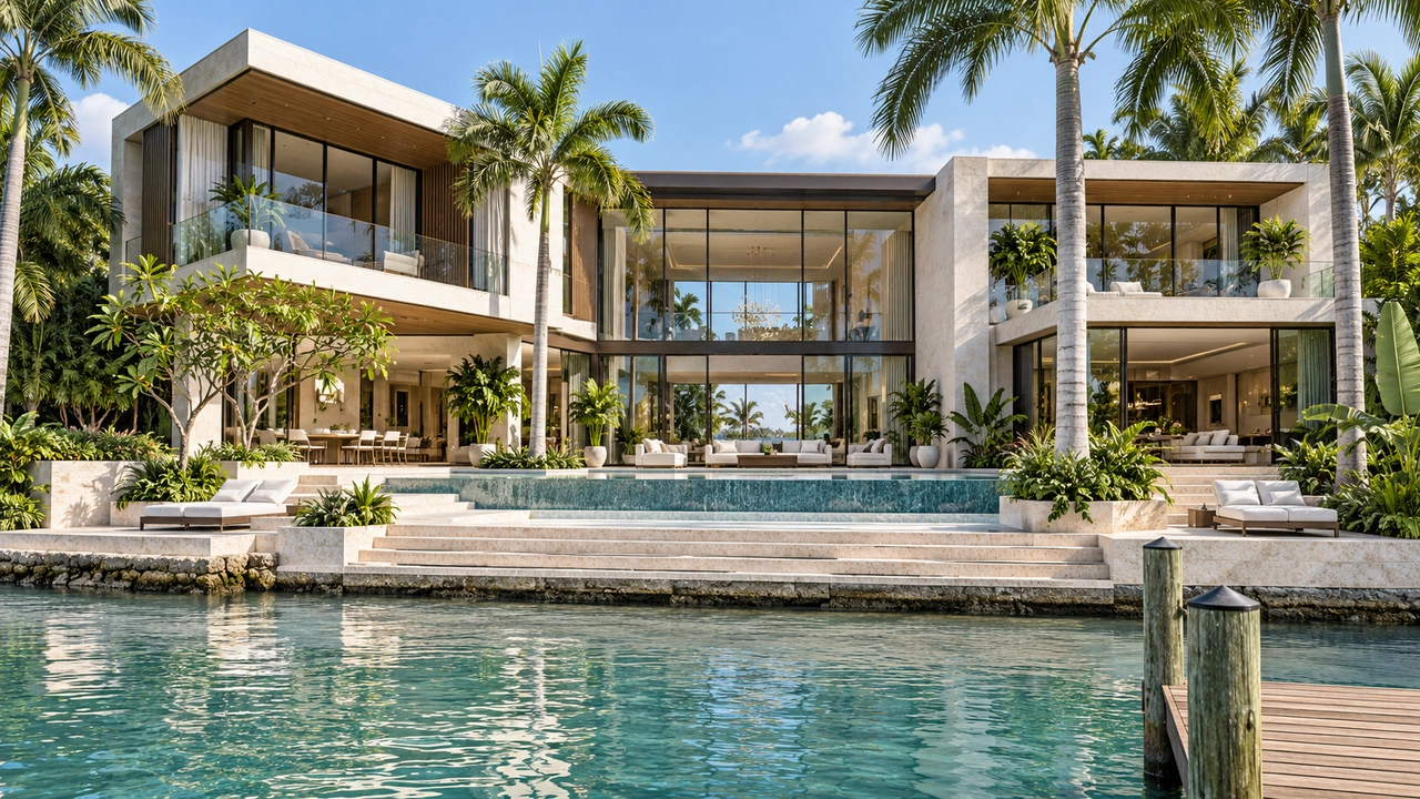 Illustration générée par IA : Maison contemporaine et piscine riveraine inspirées de Hibiscus Island