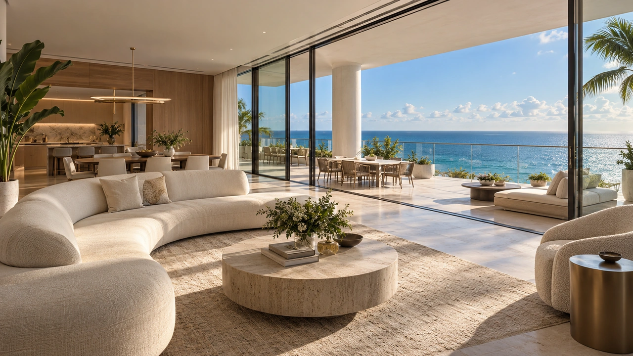 Illustration générée par IA : Appartement côtier de luxe et large terrasse inspirés de Bal Harbour