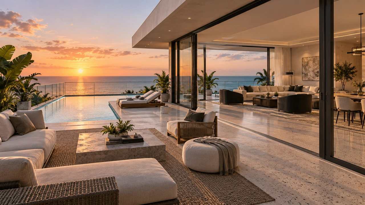 Illustration générée par IA : Salon de penthouse et toit-terrasse inspirés de Miami Beach