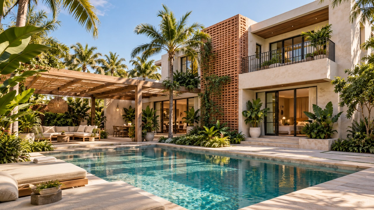 Illustration générée par IA : Maison intérieure autour d’une cour et piscine tropicale inspirées de Miami Beach