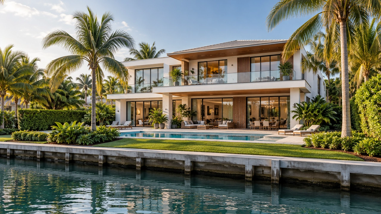 Illustration générée par IA : Maison et jardin sur canal inspirés d’Atlantic Isle à Sunny Isles Beach