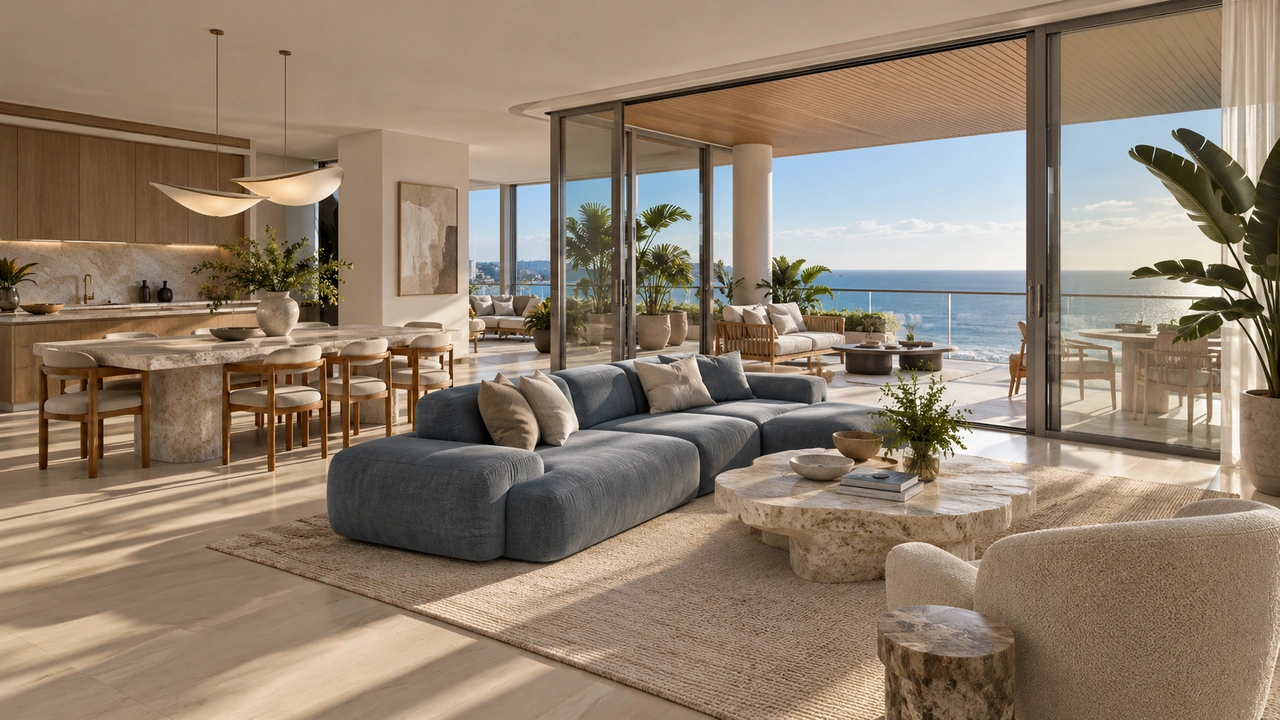 Illustration générée par IA : Intérieur original d’un appartement côtier ouvrant sur une terrasse ombragée