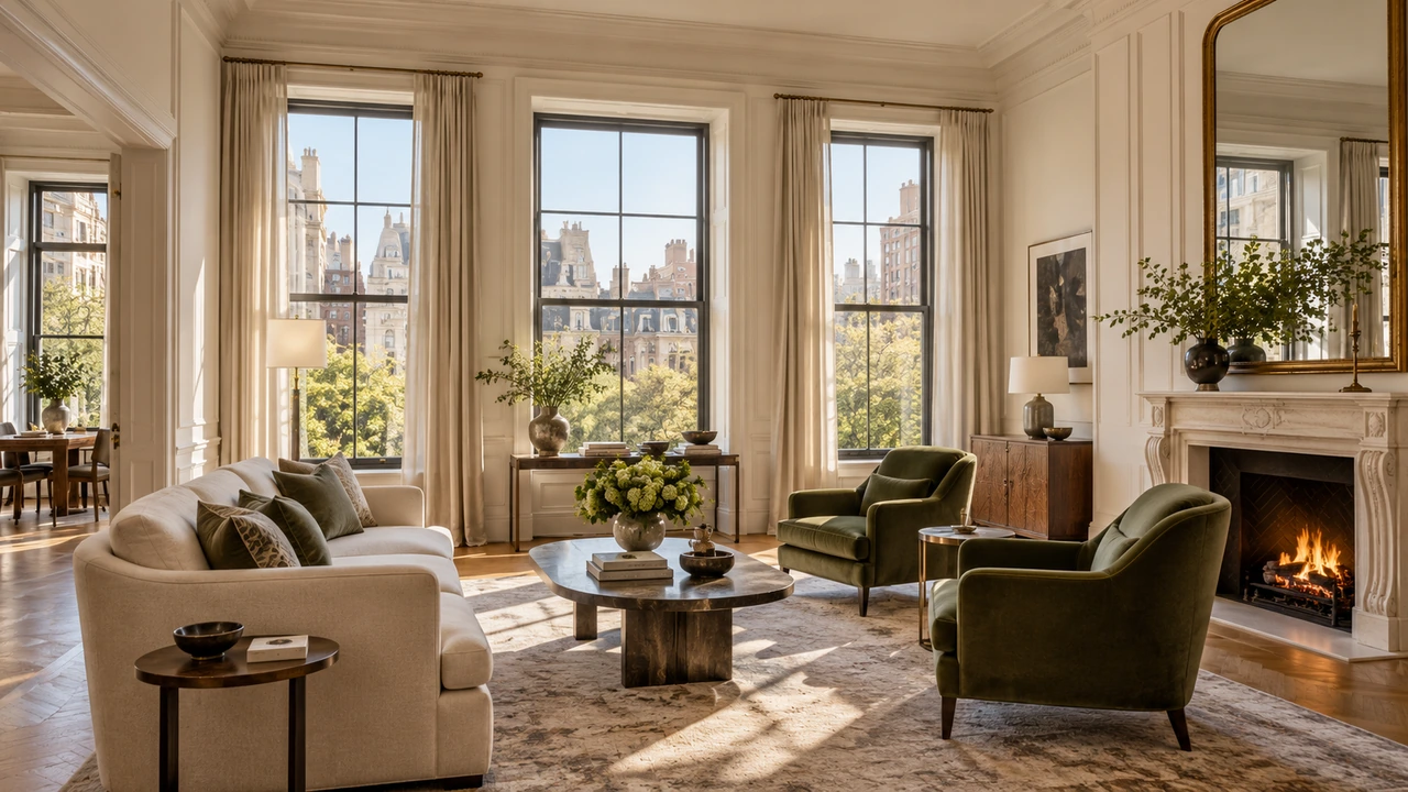 Illustration générée par IA représentant un salon d’appartement inspiré de l’architecture d’avant-guerre d’Upper East Side