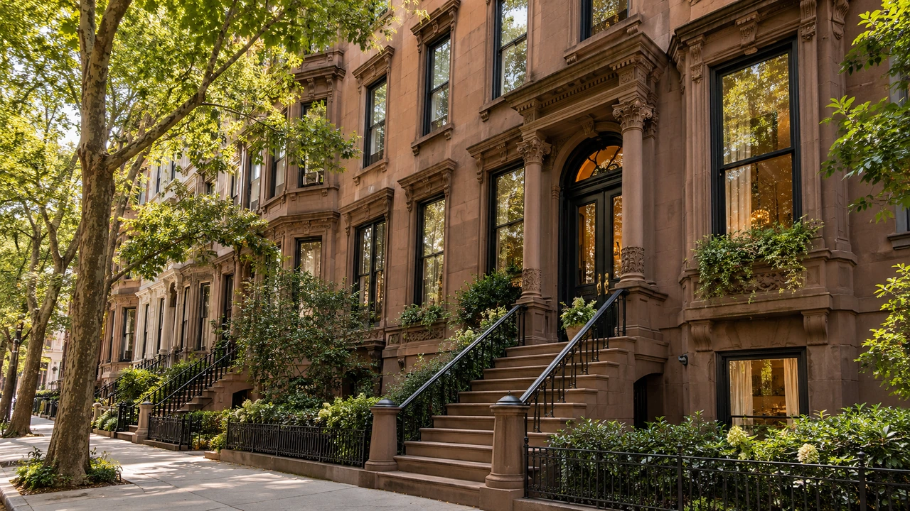 Illustration générée par IA représentant une brownstone avec perron inspirée d’Upper West Side