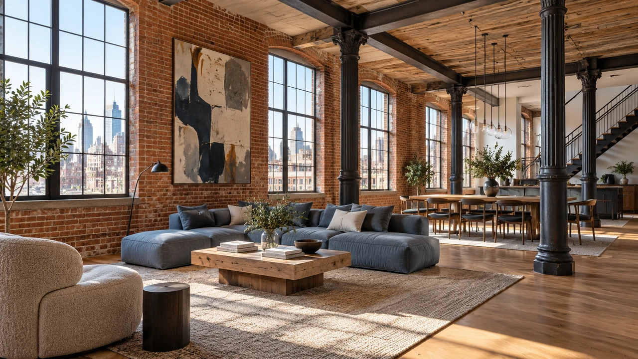 Illustration générée par IA représentant un loft résidentiel à colonnes industrielles inspiré de Tribeca