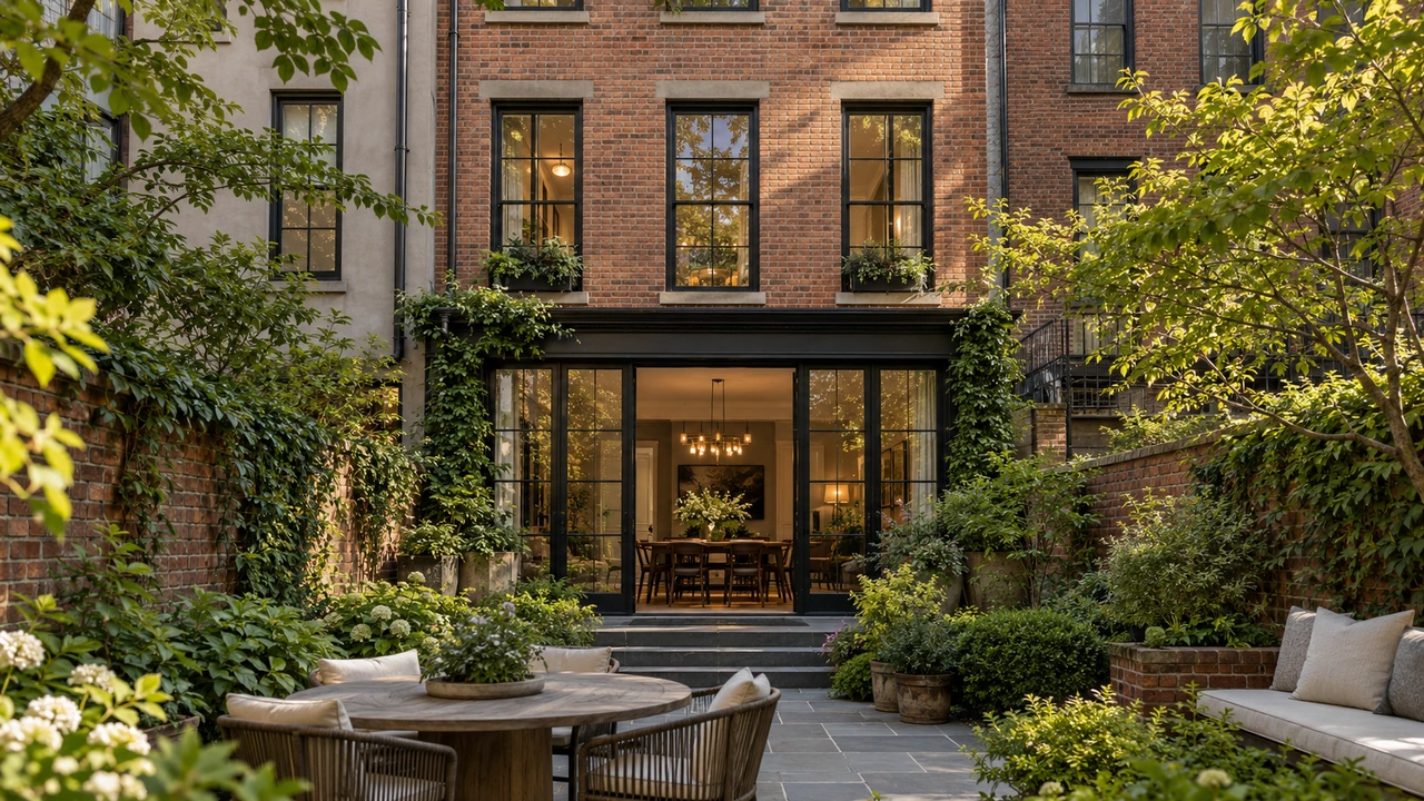 Illustration générée par IA représentant une townhouse avec petit jardin arrière inspirée de West Village