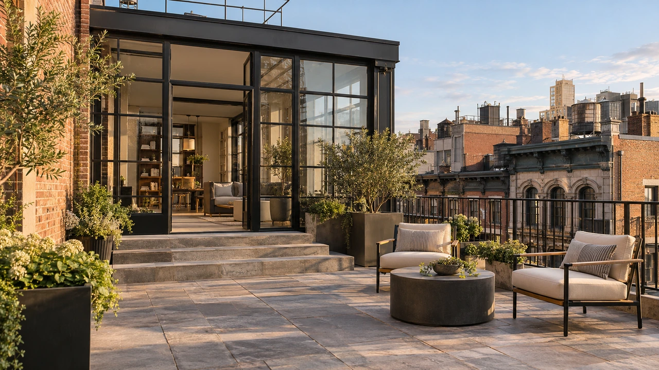 Illustration générée par IA représentant une terrasse d’appartement et une pièce en toiture inspirées de SoHo