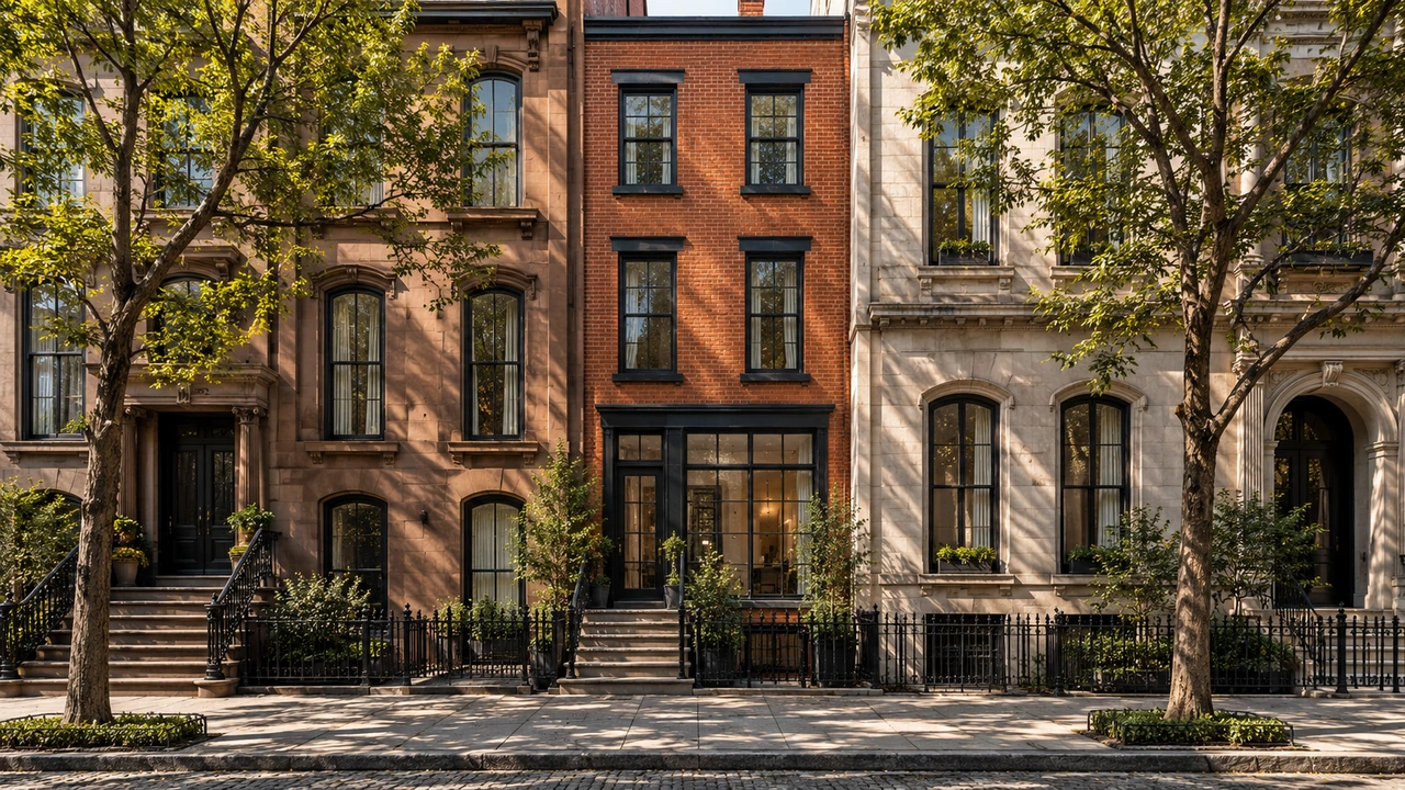 Illustration générée par IA représentant une façade de townhouse en brique inspirée de Chelsea