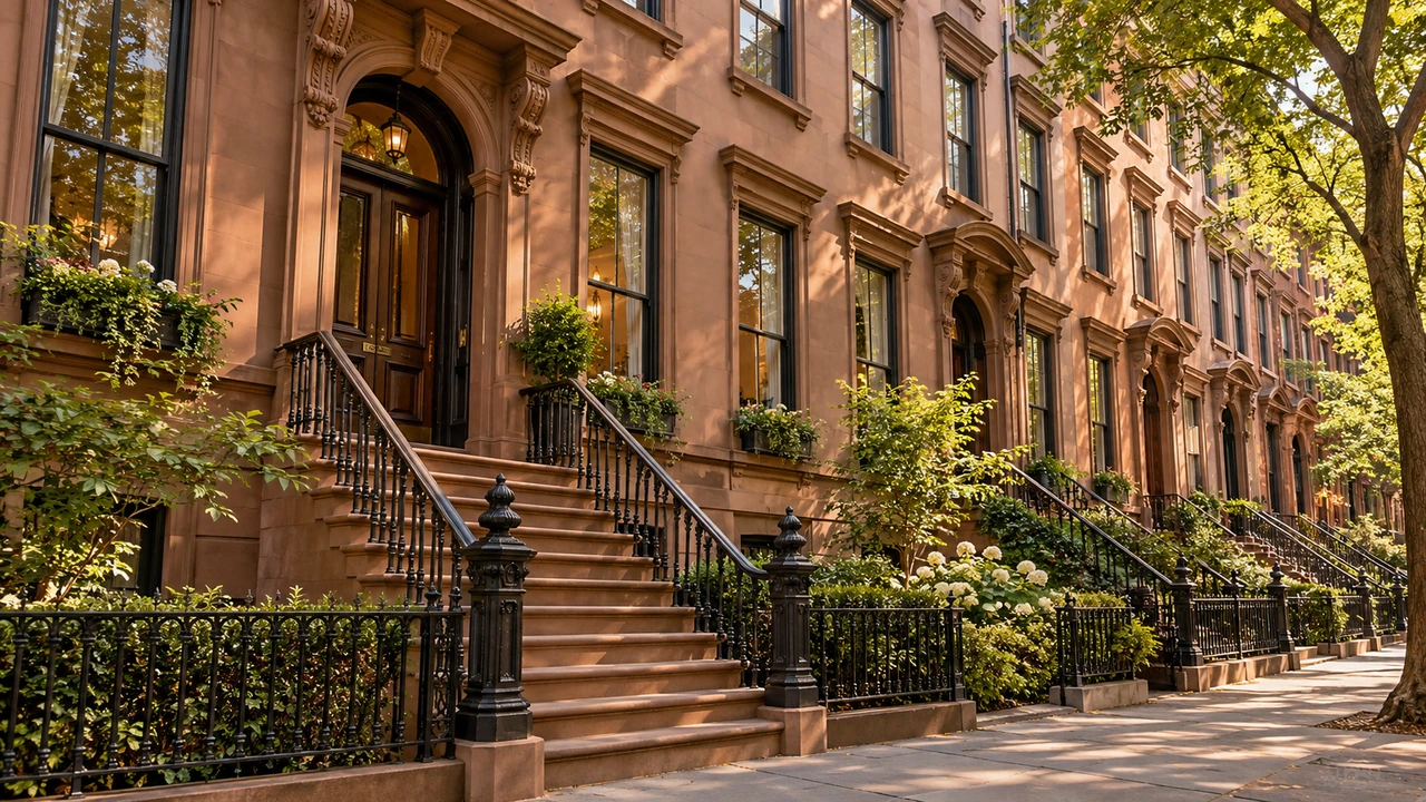 Illustration générée par IA représentant une rue de brownstones inspirée de Brooklyn Heights