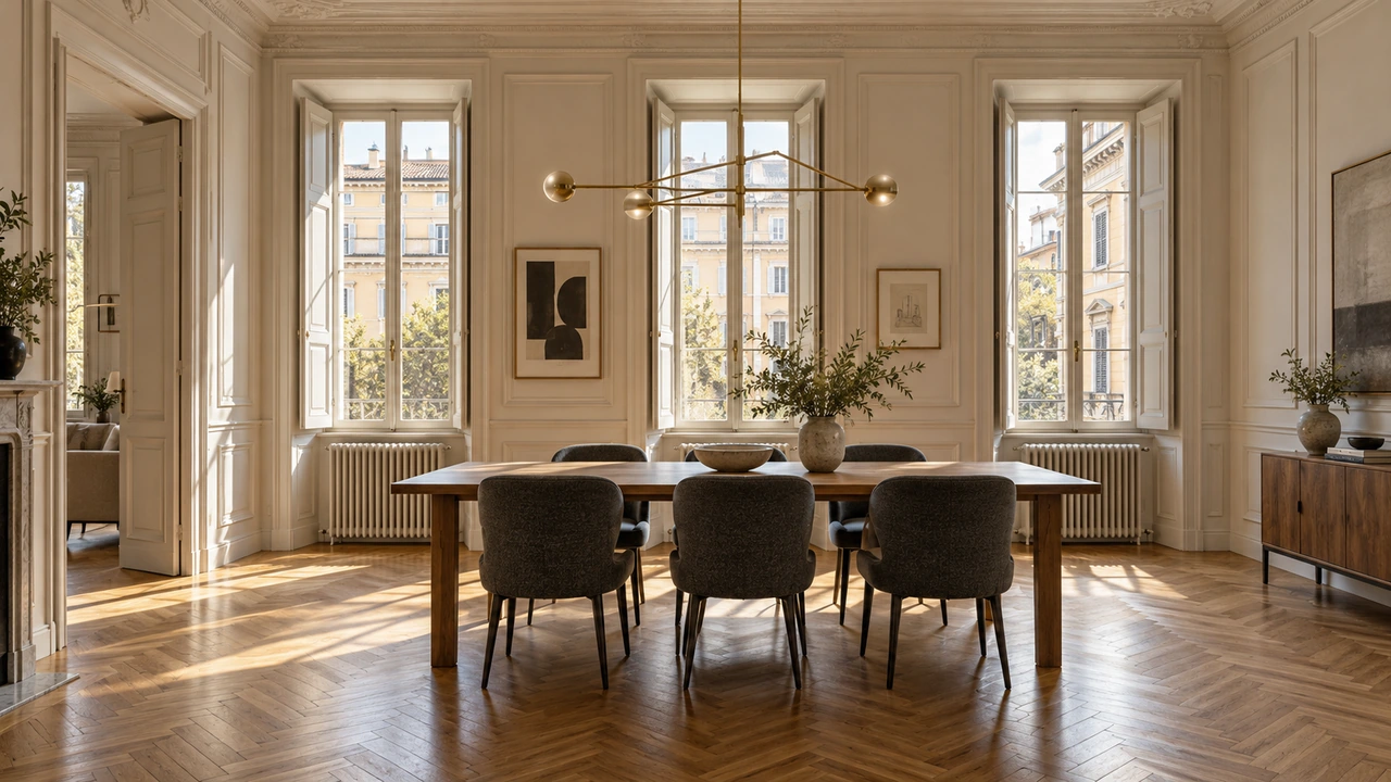 AI-generated illustration of a Prati apartment dining room with tall windows