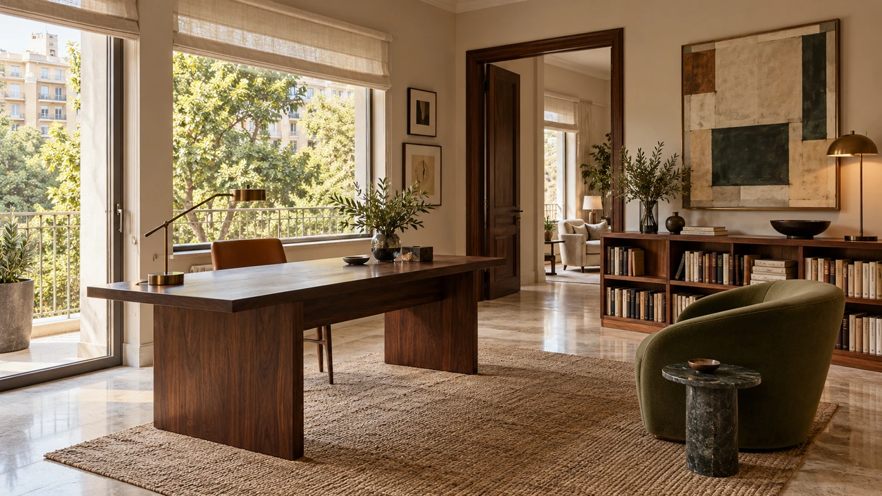 AI-generated illustration of A private study with a walnut desk, an olive reading chair and leafy urban surroundings, inspired by a Parioli apartment
