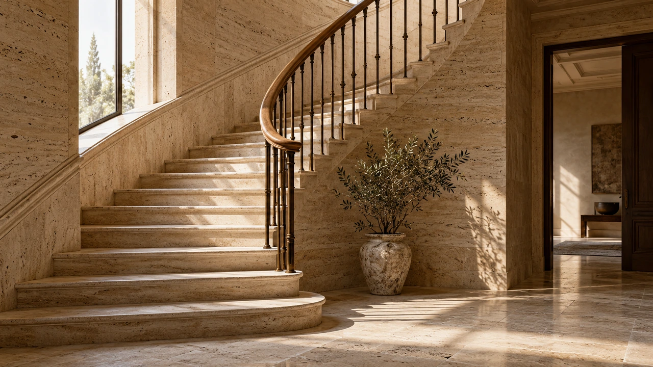 AI-generated illustration of a travertine staircase with an oak handrail and bronze balusters