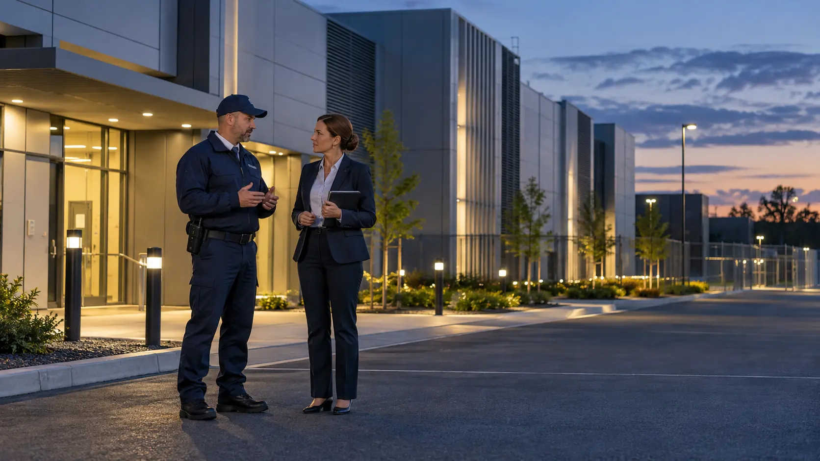 Illustrazione generata dall'IA di professionisti fittizi del settore commerciale e della sicurezza informatica all'esterno di un moderno data center.