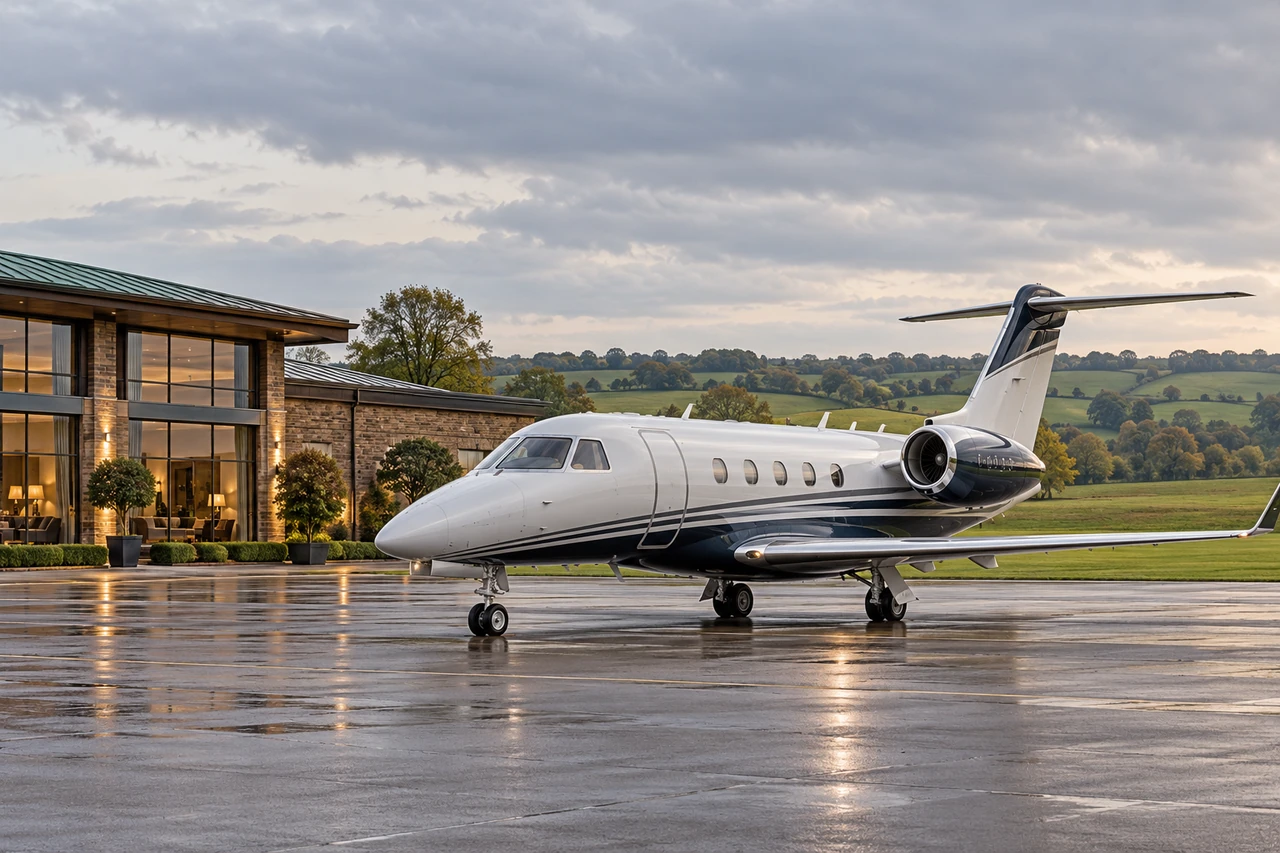 Unbranded business jet beside a fictional executive terminal — 01