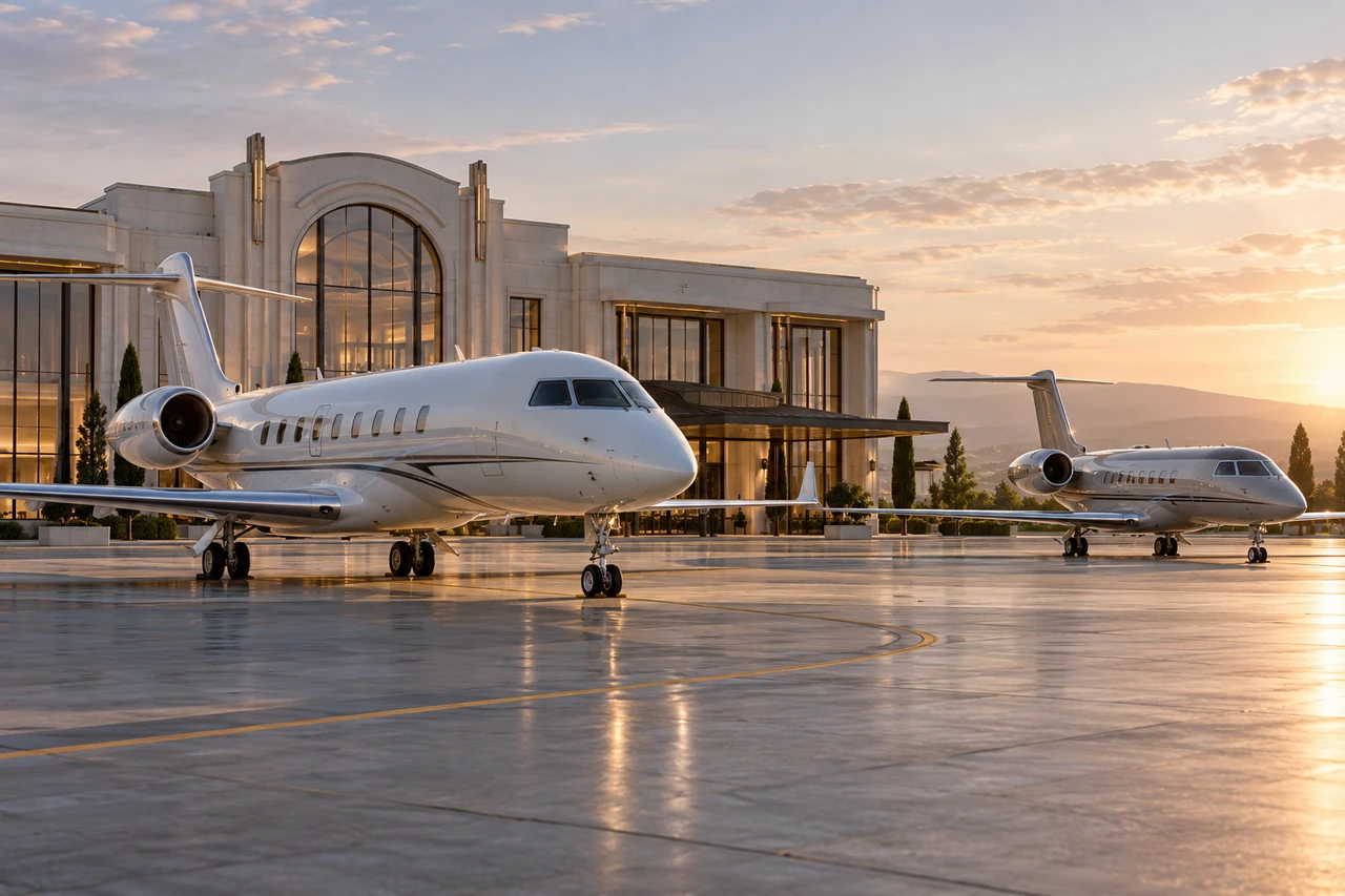 Unbranded business jet beside a fictional executive terminal — 02