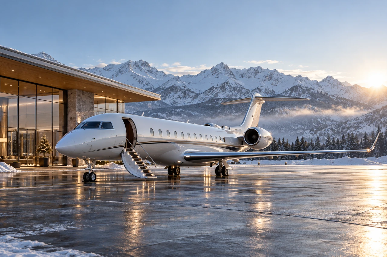 Unbranded business jet beside a fictional executive terminal — 04
