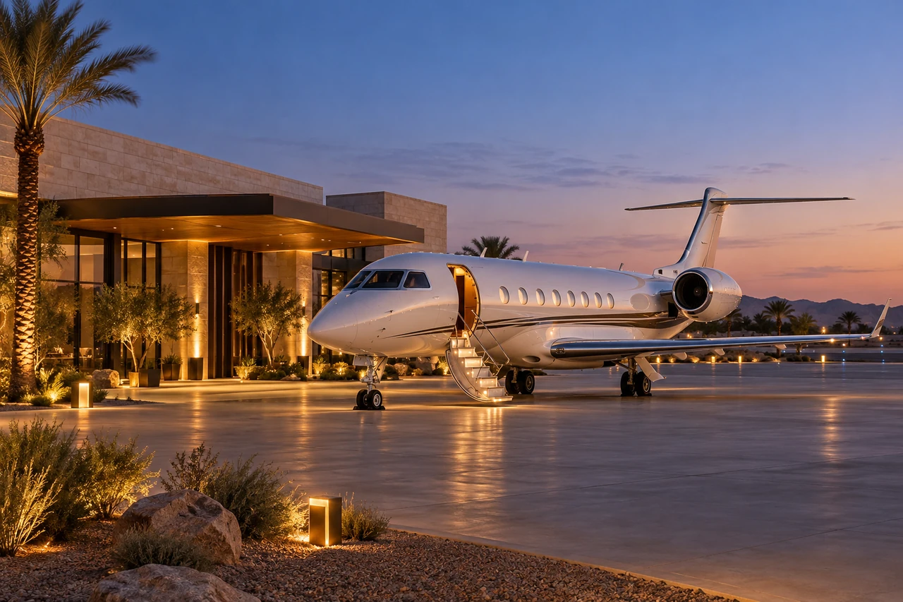 Unbranded business jet beside a fictional executive terminal — 05