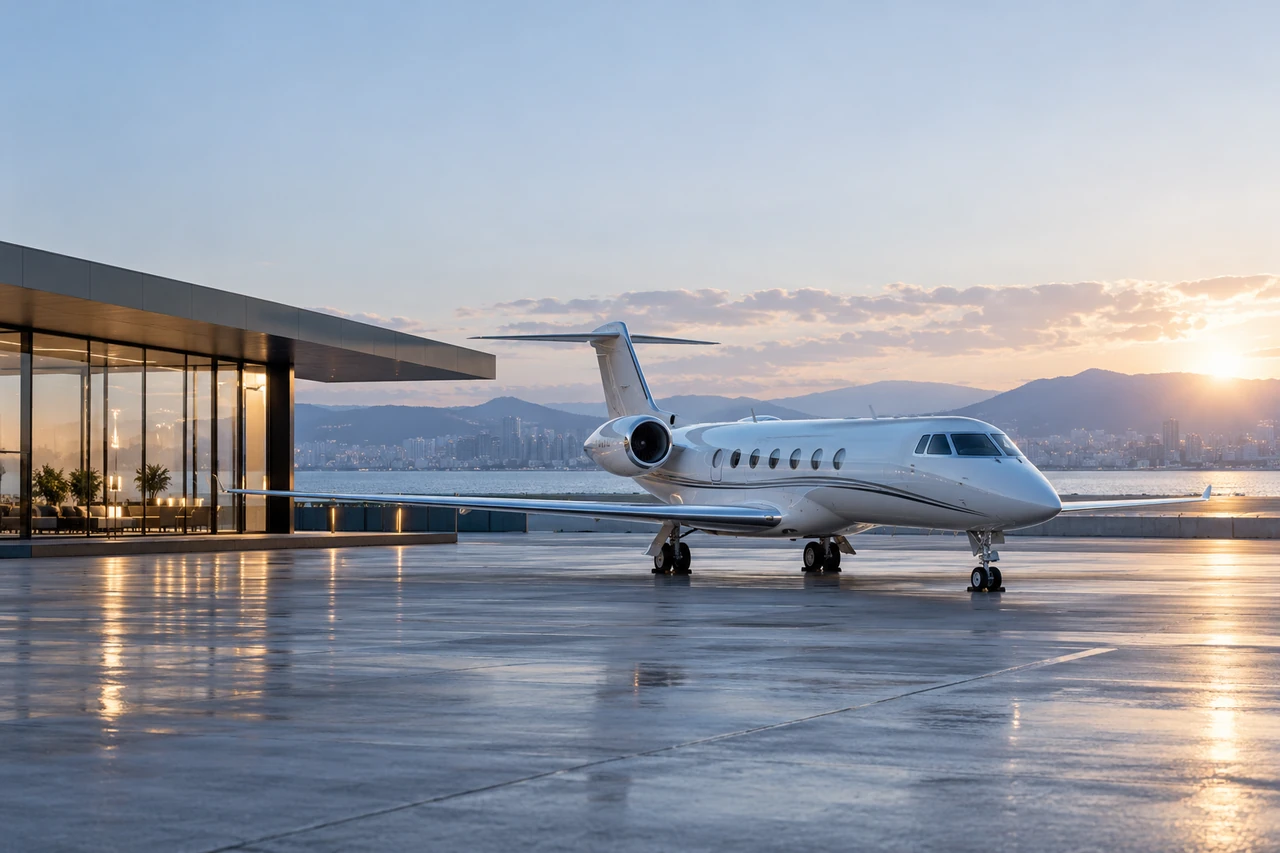Unbranded business jet beside a fictional executive terminal — 09