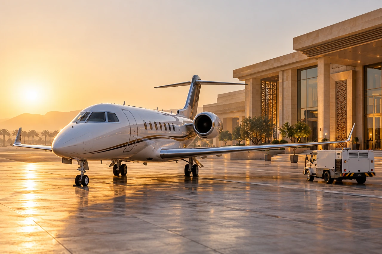 Unbranded business jet beside a fictional executive terminal — 10