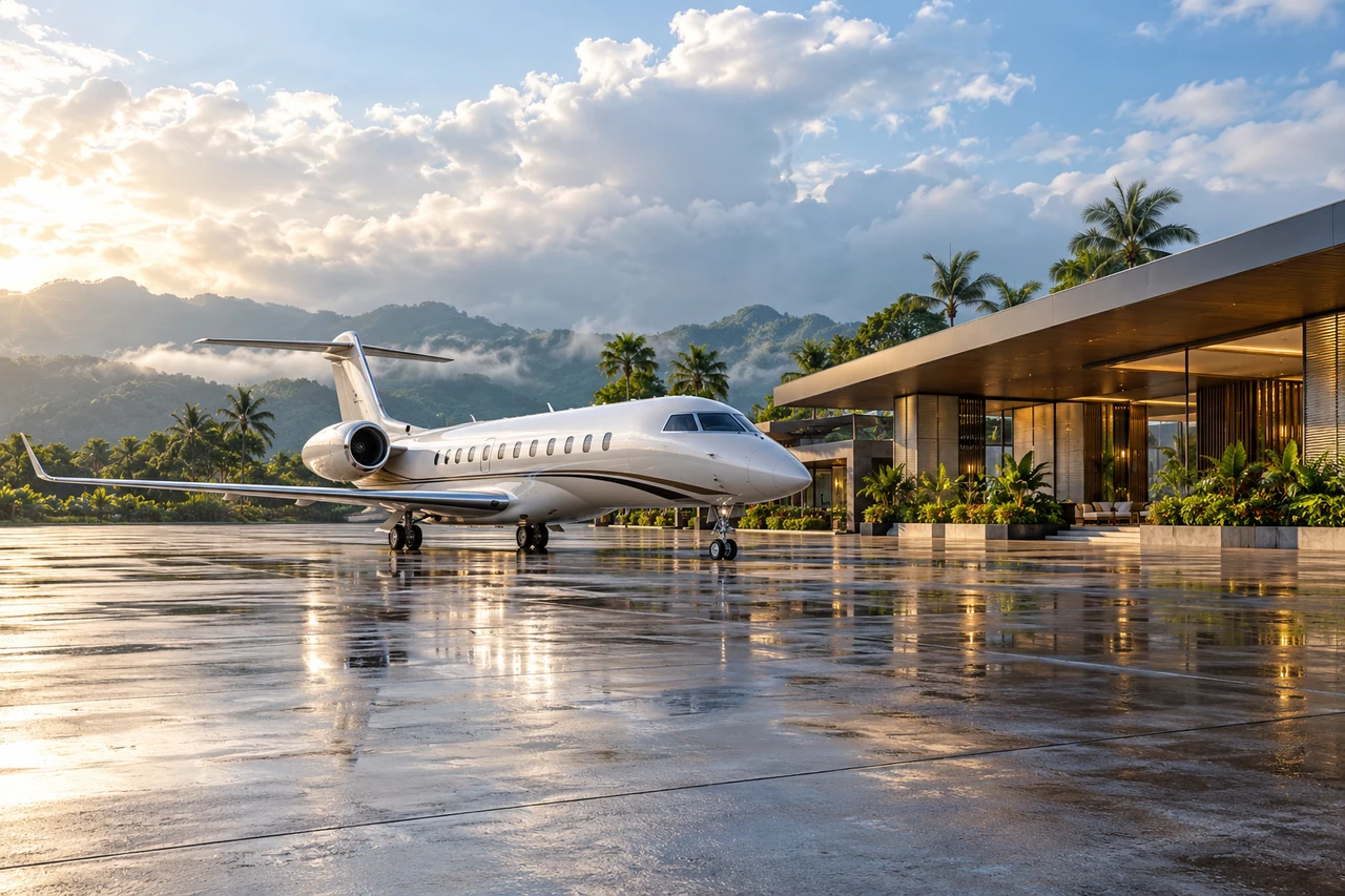 Unbranded business jet beside a fictional executive terminal — 11