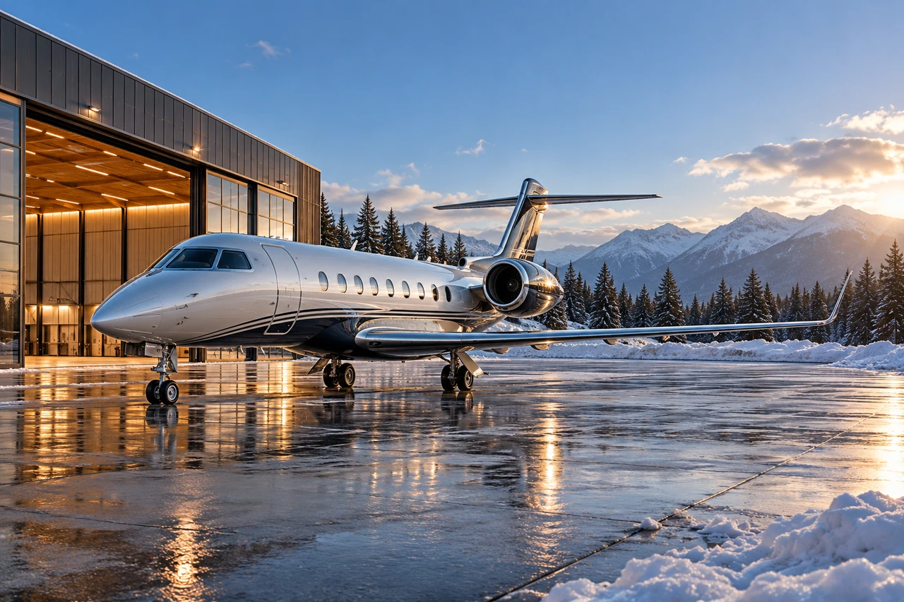 Unbranded business jet beside a fictional executive terminal — 14
