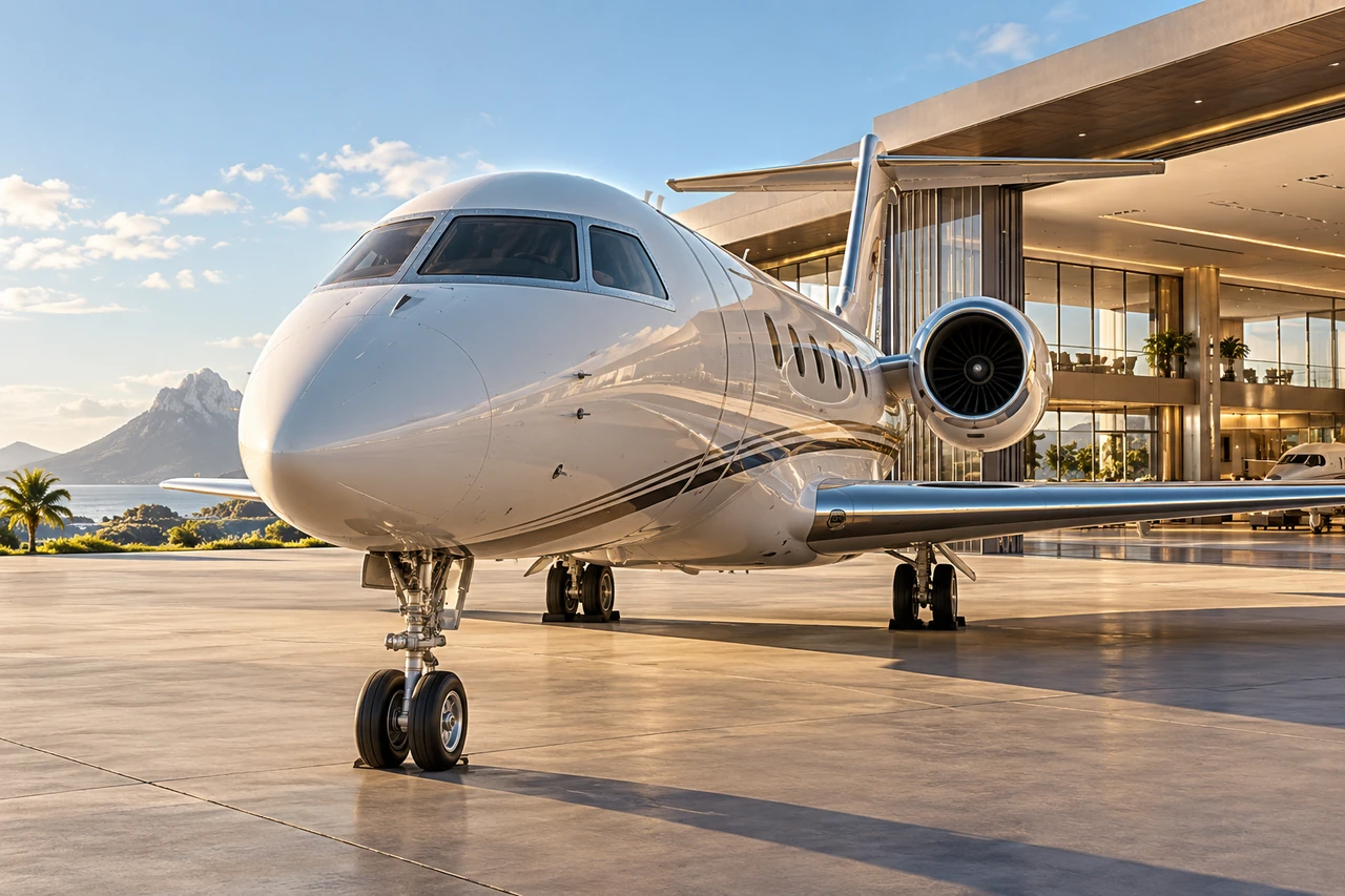 Unbranded business jet beside a fictional executive terminal — 15
