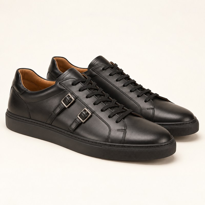 Santoni — Men's black leather Double Buckle Sneaker — رسم توضيحي مولد بالذكاء الاصطناعي